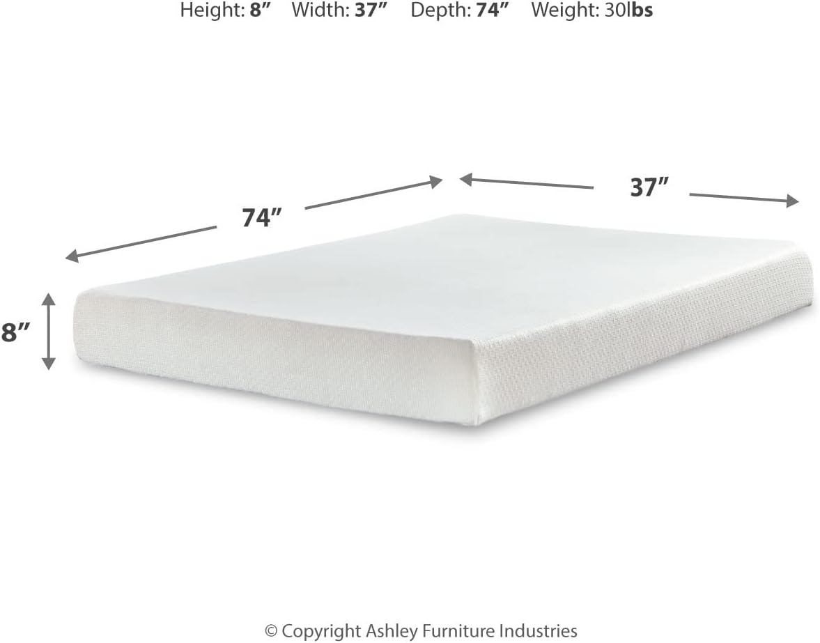 Signature Design by Ashley Twin Size Chime 8 Inch Medium Firm Gel Memory Foam Mattress with Green Tea & Charcoal Extract, Fiberglass Free, Mattress In A Box