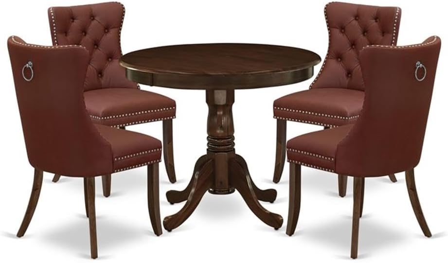 East West Furniture ANDA5-AWA-26 5 Piece Kitchen Table Set Includes a Round Dining Table with Pedestal and 4 Polyester Fabric Upholstered Parson Chairs, 36x36 Inch, Antique Walnut
