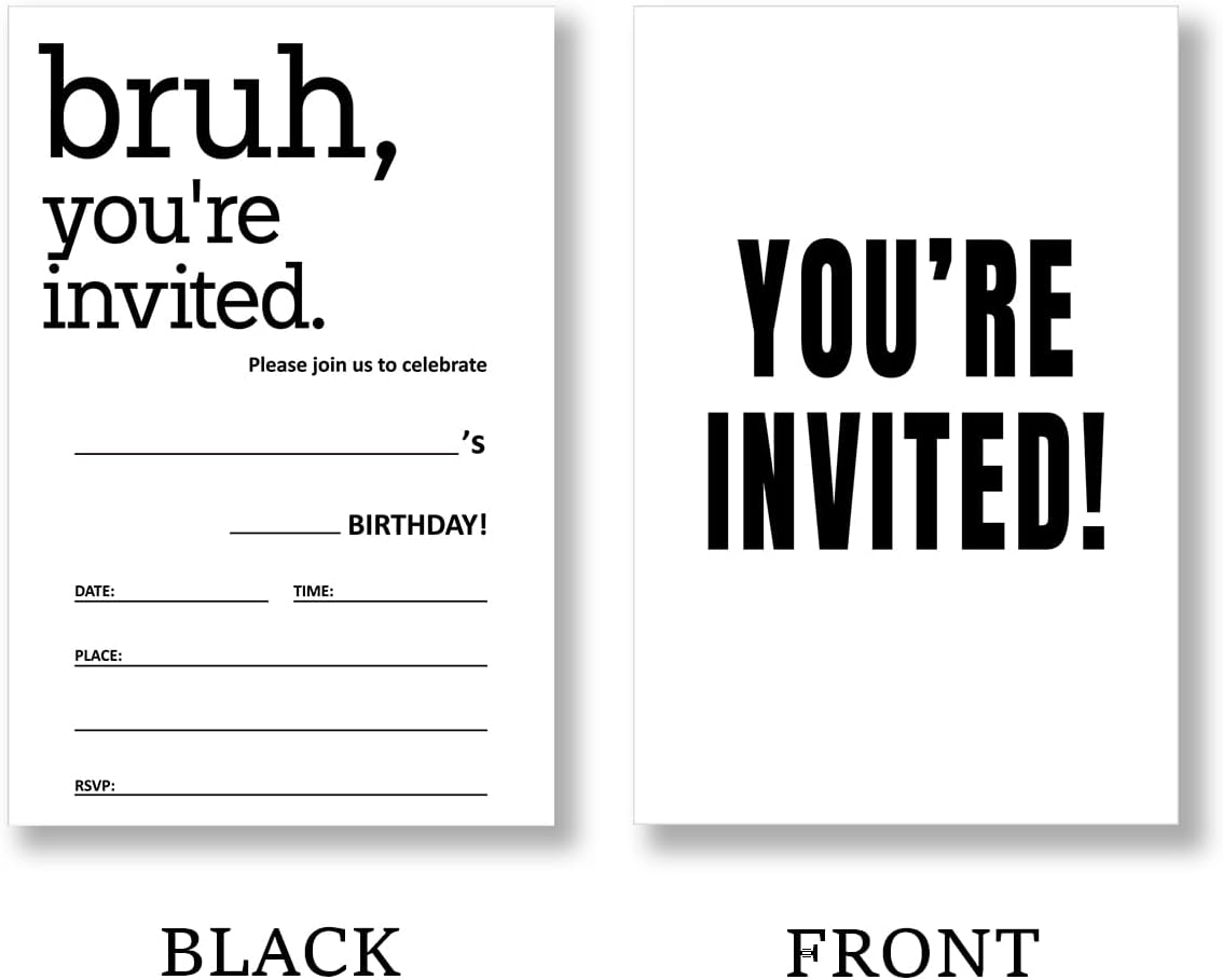 Birthday Invitations for Boys Supplies with Envelopes Set of 20 Bruh Black and White Birthday Invitations Fill in Blank, Double Sided