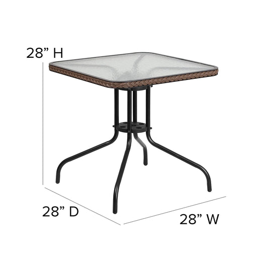 Flash Furniture Barker 28'' Square Tempered Glass Metal Table with Dark Brown Rattan Edging