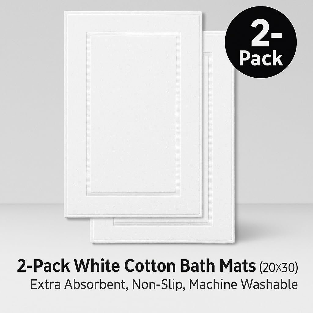 2-Pack White Cotton Bath Mats (20x30) – Extra Absorbent, Non-Slip, Machine Washable Hotel Quality Bathroom Mats – American Towels & Linens