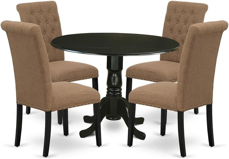 East West Furniture DLBR5-BLK-17 5 Piece Kitchen Table & Chairs Set Includes a Round Dining Room Table with Dropleaf and 4 Light Sable Linen Fabric Parsons Chairs, 42x42 Inch, Black