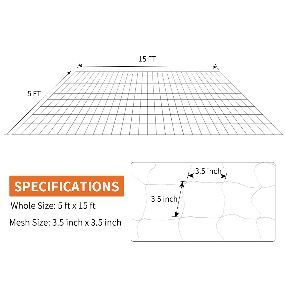 Tcamp Heavy-Duty Polyester Garden Trellis Netting Plant Climbing Net for Growing Vines Plants Vegetables Fruits Flowers, White Grow Tent (5Ft x15Ft, 3.5" Opening Mesh, 1 Pack)