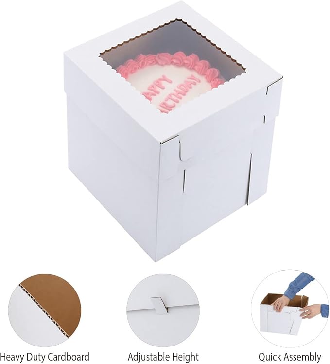 Tall Cake Boxes for Tier Cakes,8X8X10 Inch [4Pack ] Thick Sturdy Cake Box with Window,White Cake Carrier, Disposable Cake Containers