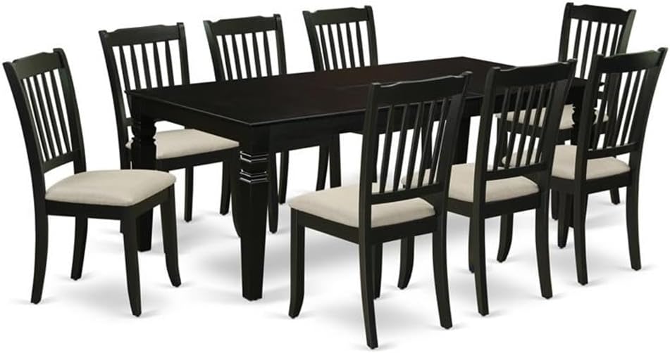 East West Furniture LGDA9-BLK-C 9 Piece Dining Room Table Set Includes a Rectangle Kitchen Table with Butterfly Leaf and 8 Linen Fabric Upholstered Dining Chairs, 42x84 Inch, Black