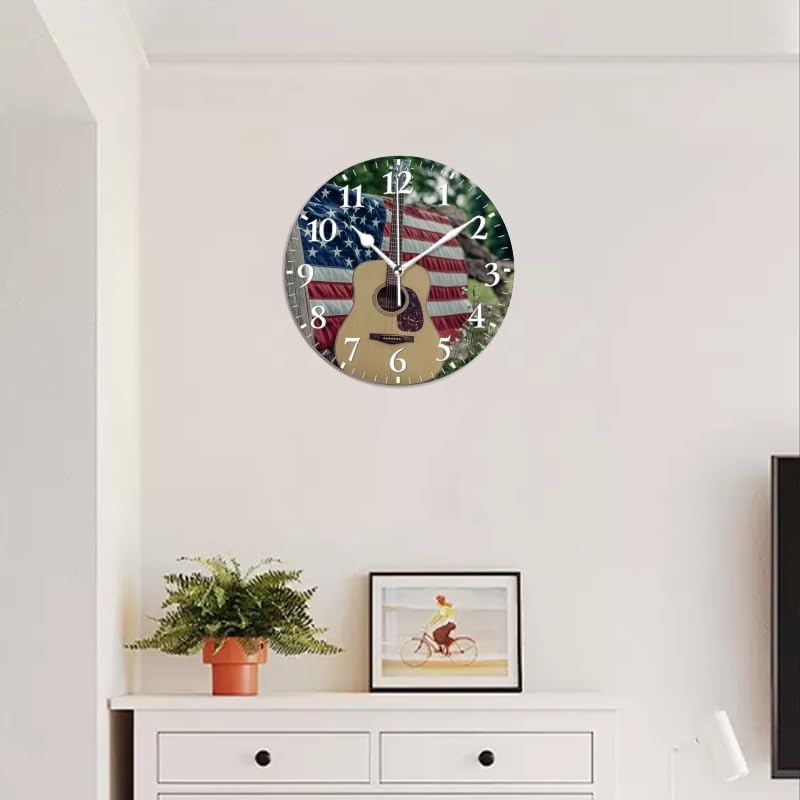 Guitar Wall Clock Non-Ticking Silent Clocks Battery Operated Analog Decor Clock for Home-Guitars Sitting On Fence with American Flag(10inch)