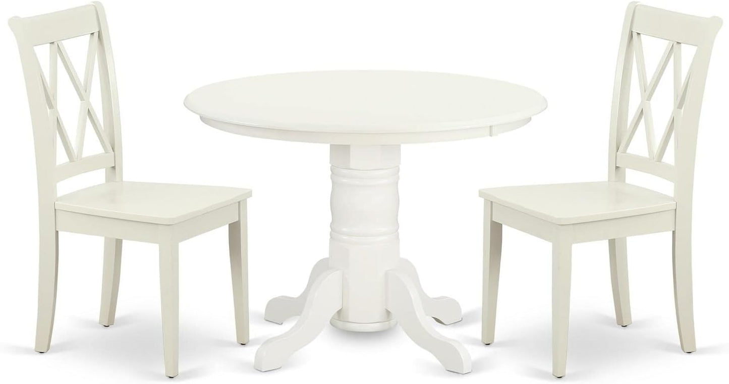 East West Furniture SHCL3-LWH-W 3 Piece Dining Table Set for Small Spaces Contains a Round Kitchen Table with Pedestal and 2 Dining Chairs, 42x42 Inch, Linen White