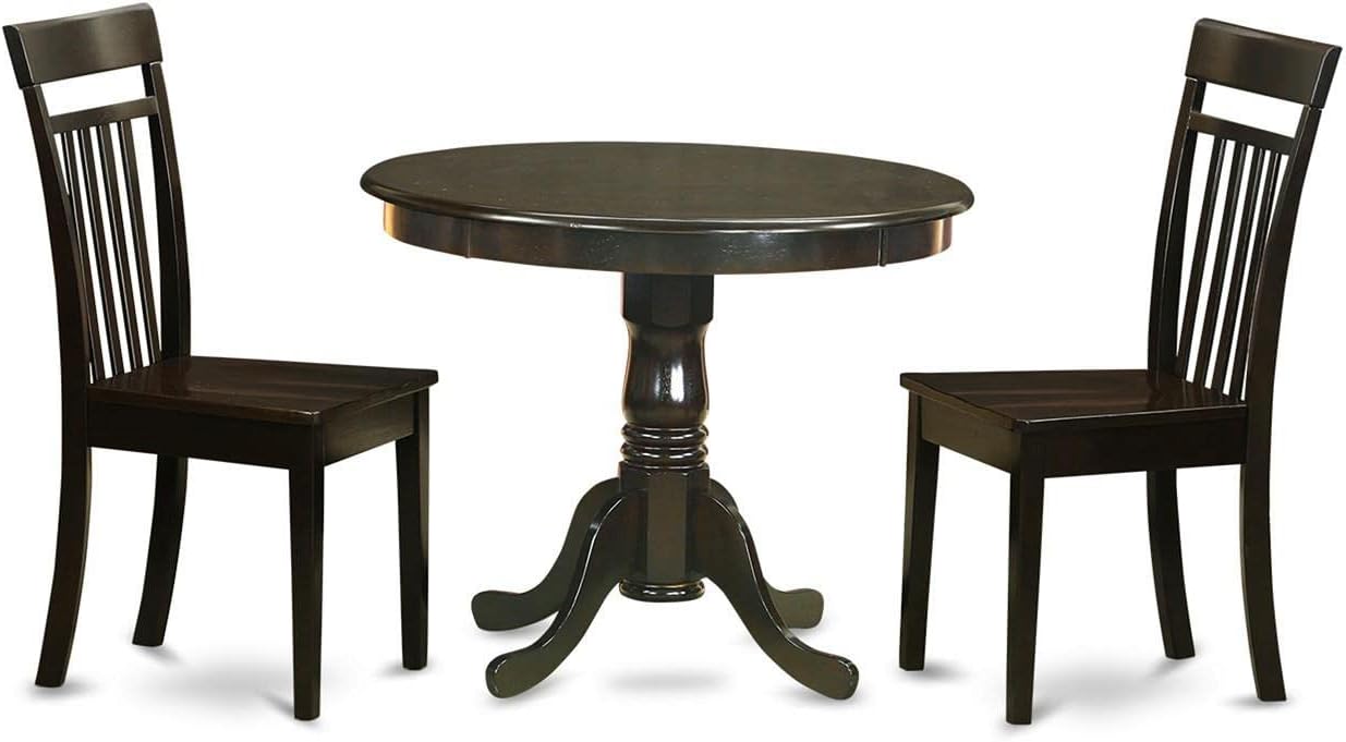 East West Furniture ANCA3-CAP-W 3 Piece Dining Table Set for Small Spaces Contains a Round Kitchen Table with Pedestal and 2 Dining Room Chairs, 36x36 Inch, Cappuccino