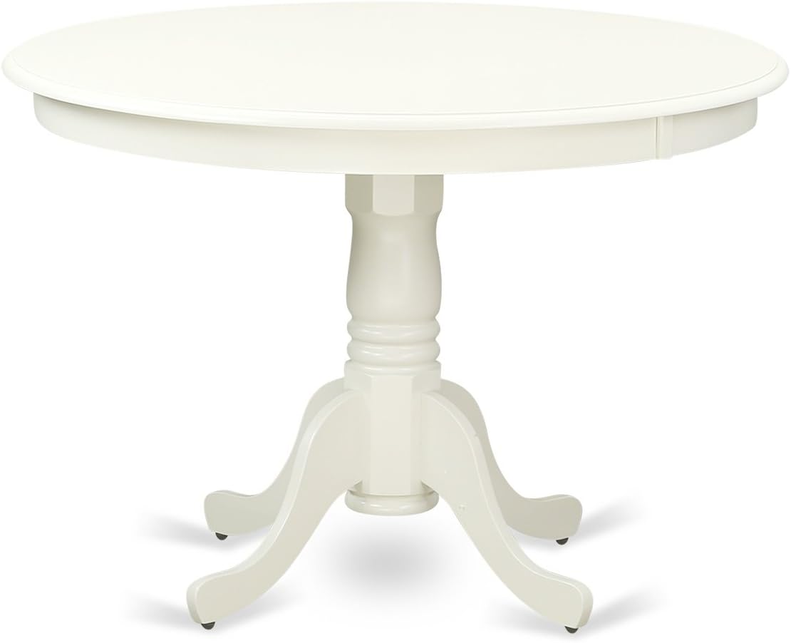 East West Furniture HLBO3-LWH-LC 3 Piece Dining Set Contains a Round Dining Table with Pedestal and 2 Faux Leather Kitchen Room Chairs, 42x42 Inch, Linen White