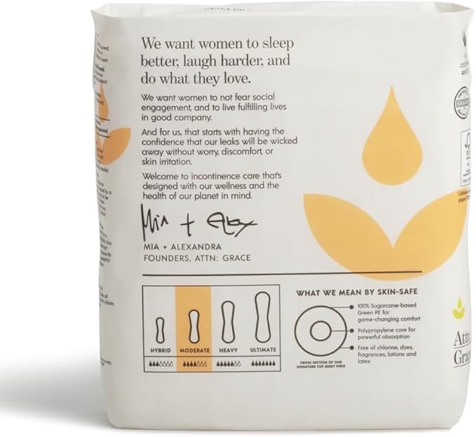 Attn: Grace Moderate Incontinence Pads for Women 2-Pack (56 Pads Total / 28 per Pack) - High Absorbency for Sensitive Skin - Protection for Heavy Bladder Leakage/Discreet, Breathable, & Plant-Based