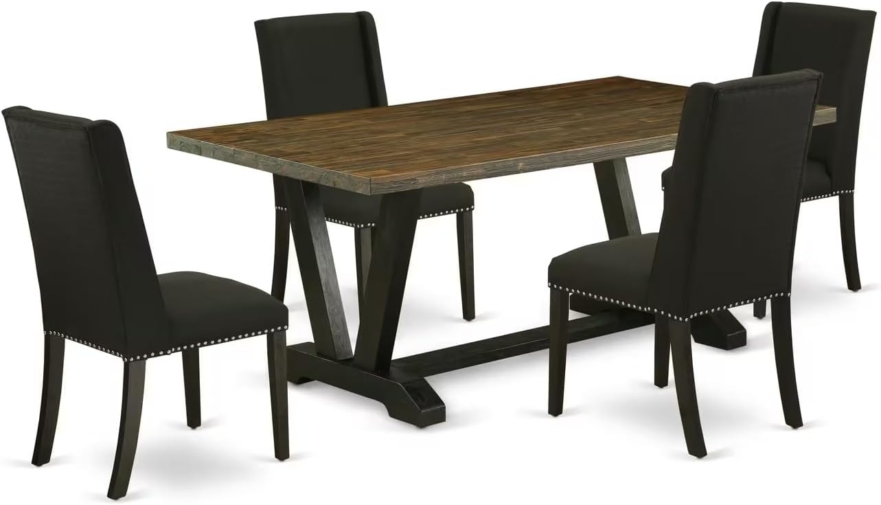 East West Furniture V677FL624-5 5 Piece Dining Set Includes a Rectangle Dining Room Table with V-Legs and 4 Black Linen Fabric Upholstered Parson Chairs, 40x72 Inch, Multi-Color