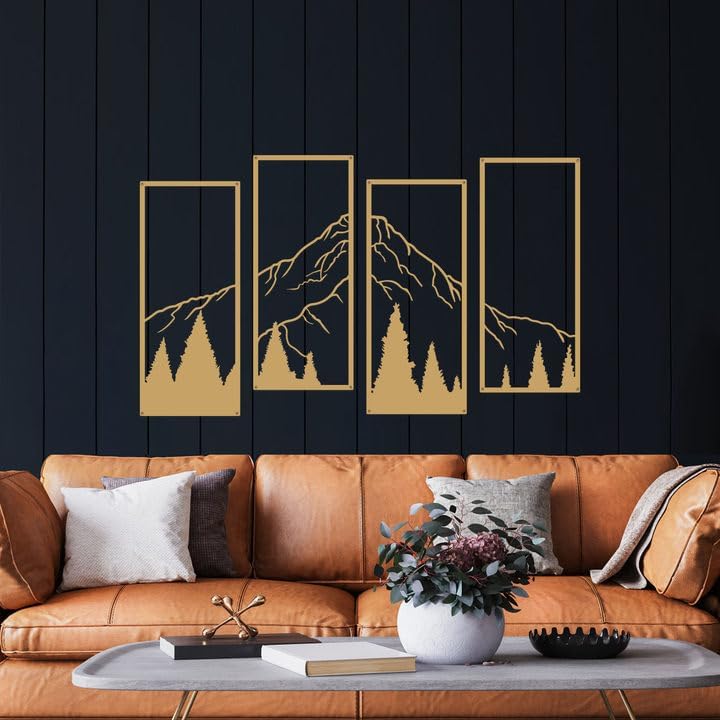 ruelen 4 Pcs Metal Mountain and Forest Wall Decor Line Drawing Wall Art Abstract Minimalist Wall Decor Rustic Nature Home Wall Art Sculpture for Home Office Bedroom Bathroom Living Room (Gold, Small)