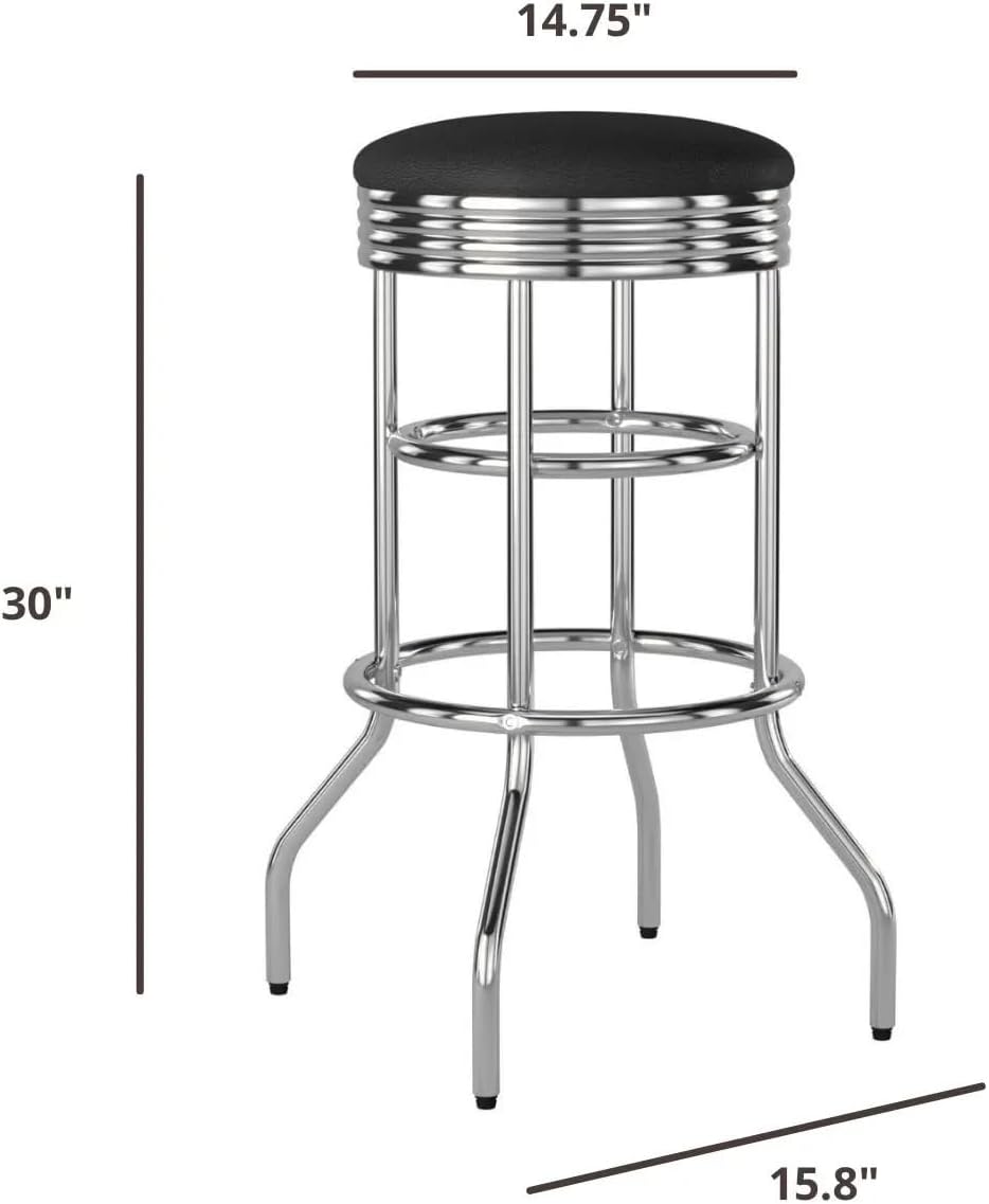 TRINITY Heavy Duty 30-Inch Backless Swivel Bar Stool for Kitchen, Garage, or Workshop, Chrome Finish with Faux Leather Seat, 2 Pack, Black
