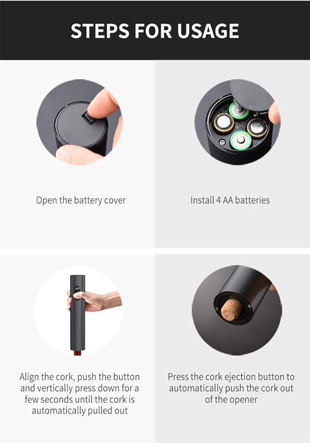 Electric Wine Opener, Battery Operated Wine Bottle Opener, Cordless Automatic Corkscrew, Fast Cork Removal, One Click Button, Gift Idea for Wine Lovers, Kitchen Bar Party Restaurant, Black