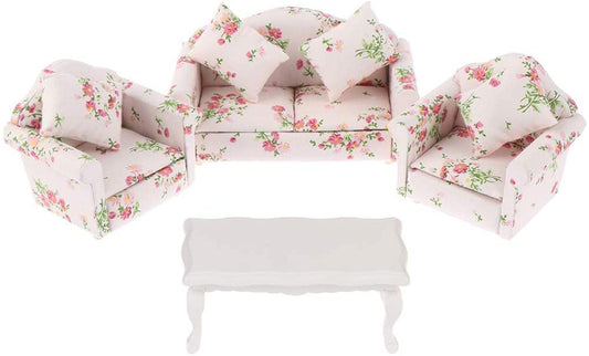 Dollhouse Furniture Set 3 Pcs 1:12 Dollhouse Miniature Wooden Sofa Cushions Armchair Pillow Kit Dolls House Furniture Couch with 1 Pc Dollhouse Teatable Coffee Table
