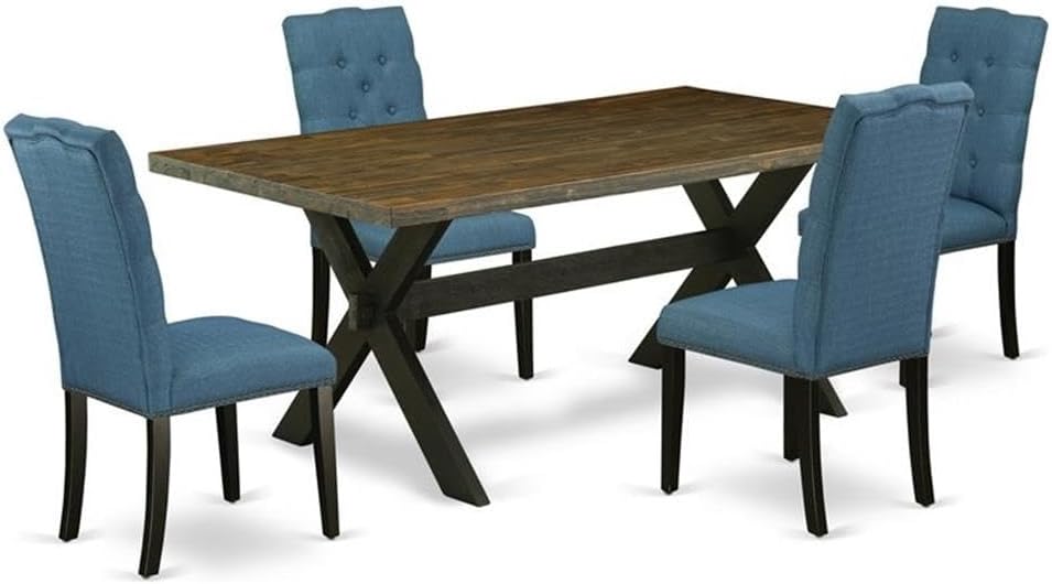 East West Furniture X677EL121-5 5 Piece Modern Dining Table Set Includes a Rectangle Wooden Table with X-Legs and 4 Blue Linen Fabric Upholstered Chairs, 40x72 Inch, Multi-Color
