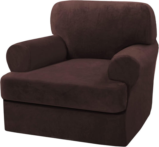 H.VERSAILTEX Sofa Cover 2 Piece T Cushion Armchair Slipcovers Thick Velvet Couch Cover Furniture Protector Stretch T Cushion Sofa Covers for 1 Cushion Couch with 1 Individual T Cushion Covers, Brown