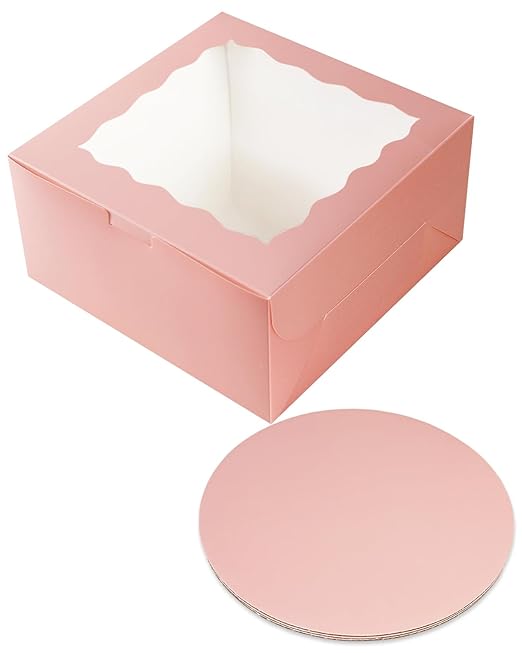 qiqee 8x8x5 Cake Box, 18 Sets Pink Cake Box with Window ＆ 18 Sets 8" Pink Cake Round Boards, 8inch Cake Containers