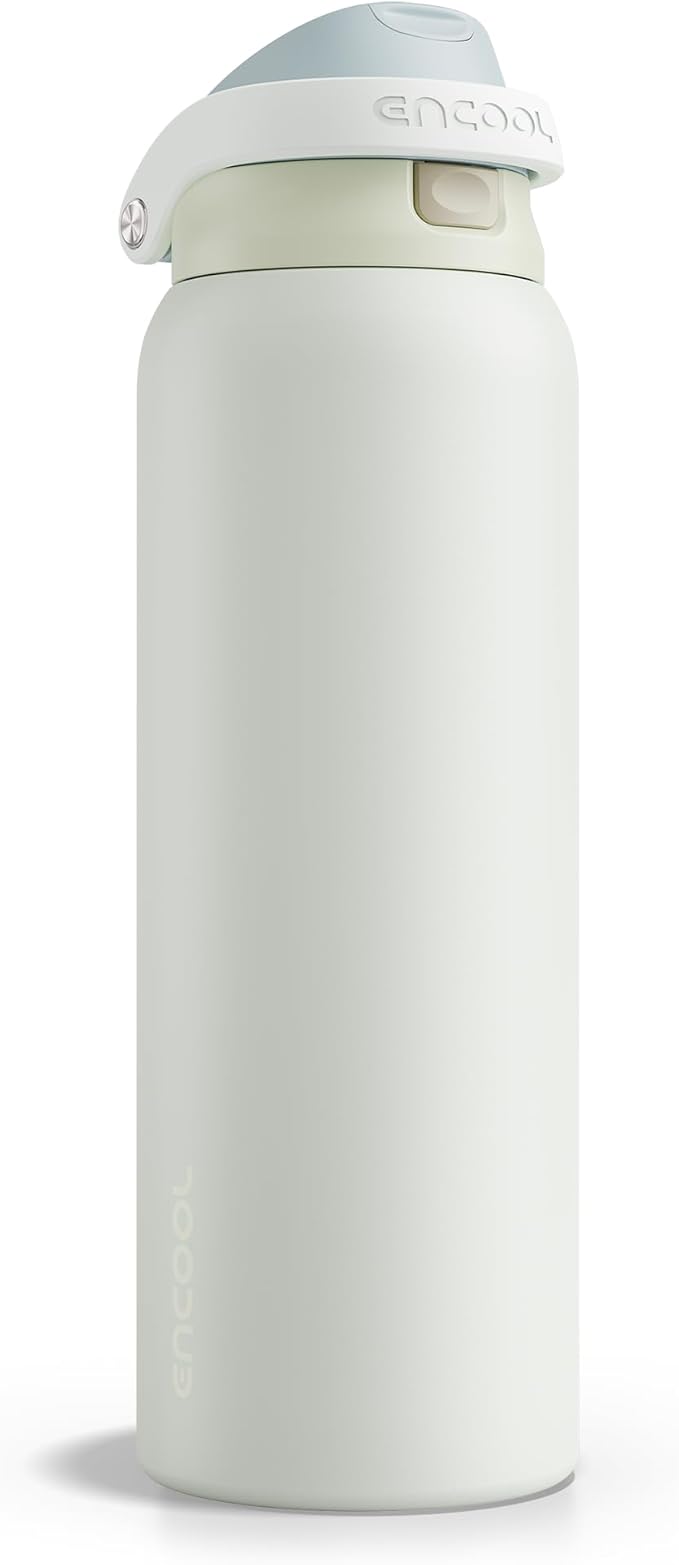 ENCOOL Leakproof Insulated Water Bottle with Straw Dual-Sip Water Bottle Bag-Safe Design for Work, Commute & Gym – Keeps Drinks Cold All Day, 40 oz, Cloud-Hill White