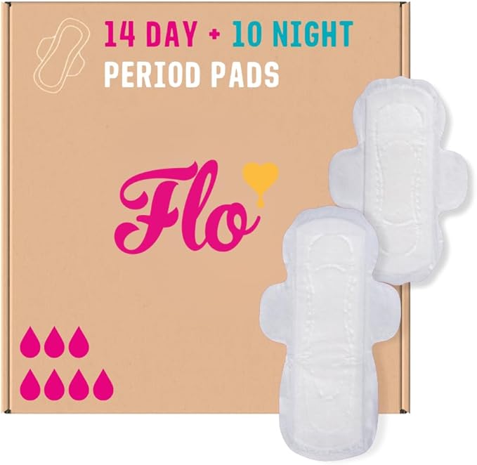 Flo - Day + Night Menstrual Pads (14 Day + 10 Night) - Winged + Ultra Thin - Natural, Absorbent, Soft, & Breathable - Organic Bamboo Period Pads for Women - Plant Based - Vegan & Cruelty Free