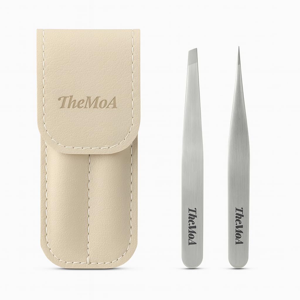 THEMOA Precision Tweezers Set – Stainless Steel Pointed & Slant Tip Tweezers for Eyebrow, Facial Hair, Ingrown Hair, Professional Beauty Tool with Case