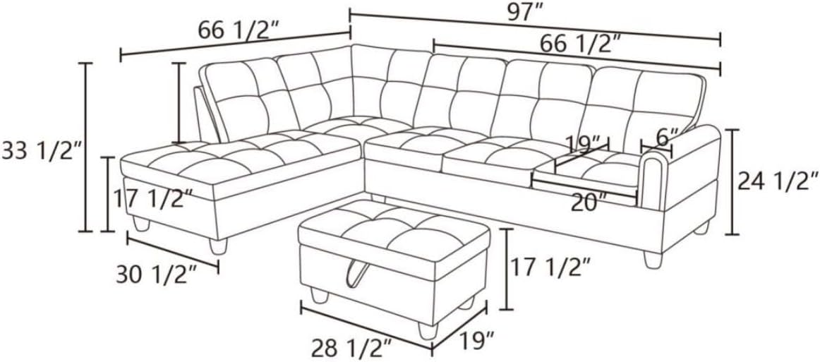 Brown L-Shaped 3-Piece Corduroy Sofa with Storage Ottoman Set, Sectional Couch Sofa Set for Living Room, Office, Small Space