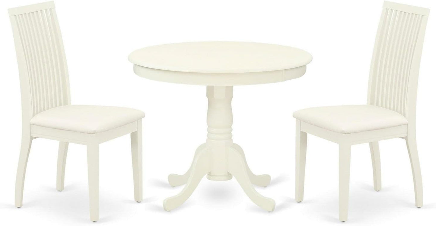 East West Furniture ANIP3-LWH-C 3 Piece Kitchen Table Set for Small Spaces Contains a Round Dining Table with Pedestal and 2 Linen Fabric Dining Room Chairs, 36x36 Inch, Linen White