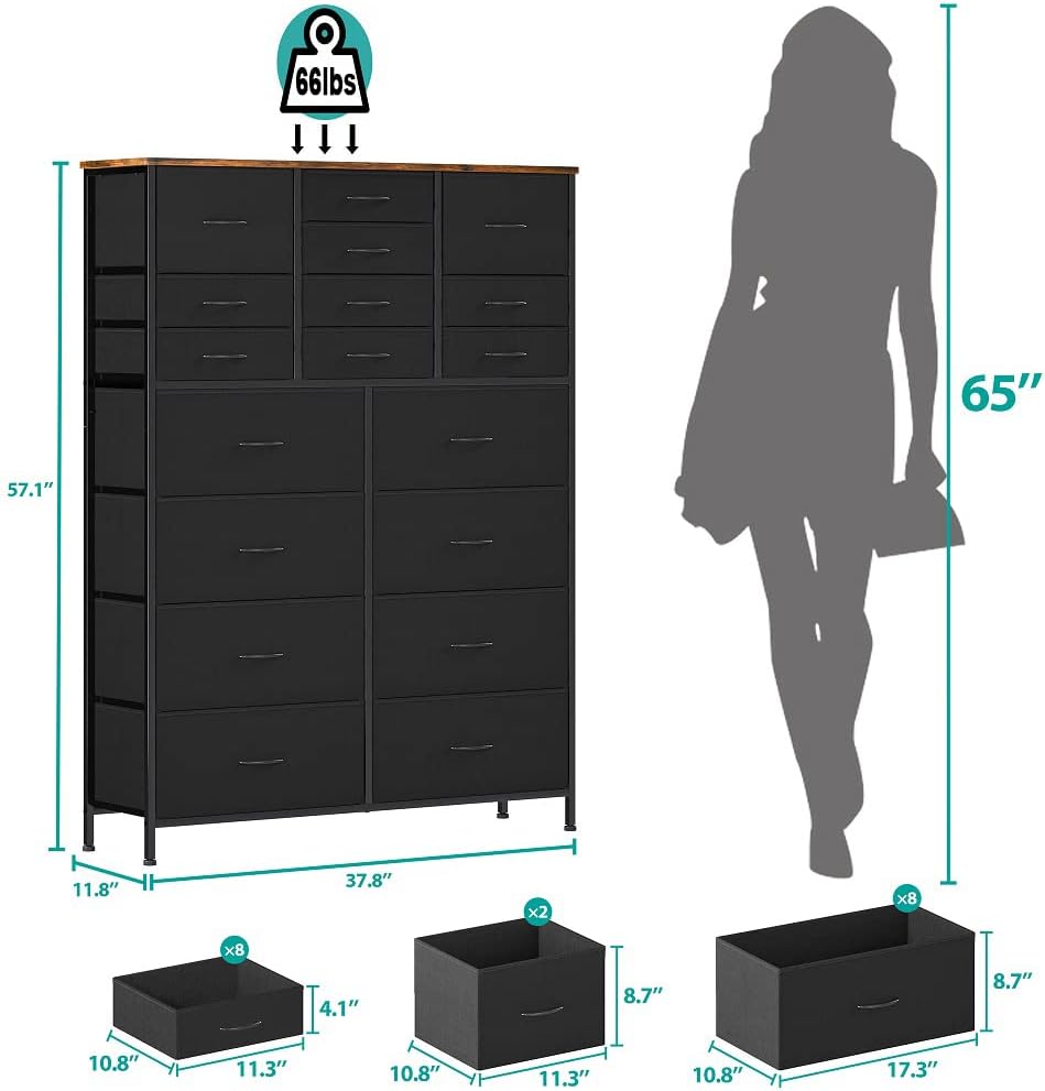 Dresser for Bedroom with 18 Drawers, Tall Fabric Storage Dresser, Chest of Drawers for Closet, Nursery, Bedside, Living Room, Laundry, Entryway, Hallway (Black)