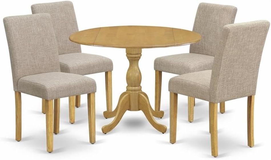East West Furniture DMAB5-OAK-04 5 Piece Dining Set Includes a Round Dining Room Table with Dropleaf and 4 Light Tan Linen Fabric Upholstered Parson Chairs, 42x42 Inch, Oak