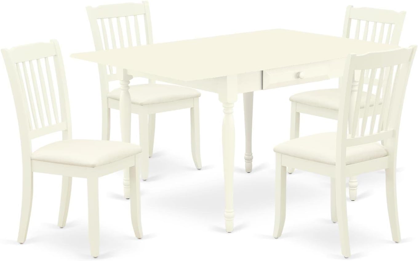 East West Furniture MZDA5-LWH-C 5 Piece Dining Room Table Set Includes a Rectangle Kitchen Table with Dropleaf and 4 Linen Fabric Upholstered Dining Chairs, 36x54 Inch, Linen White
