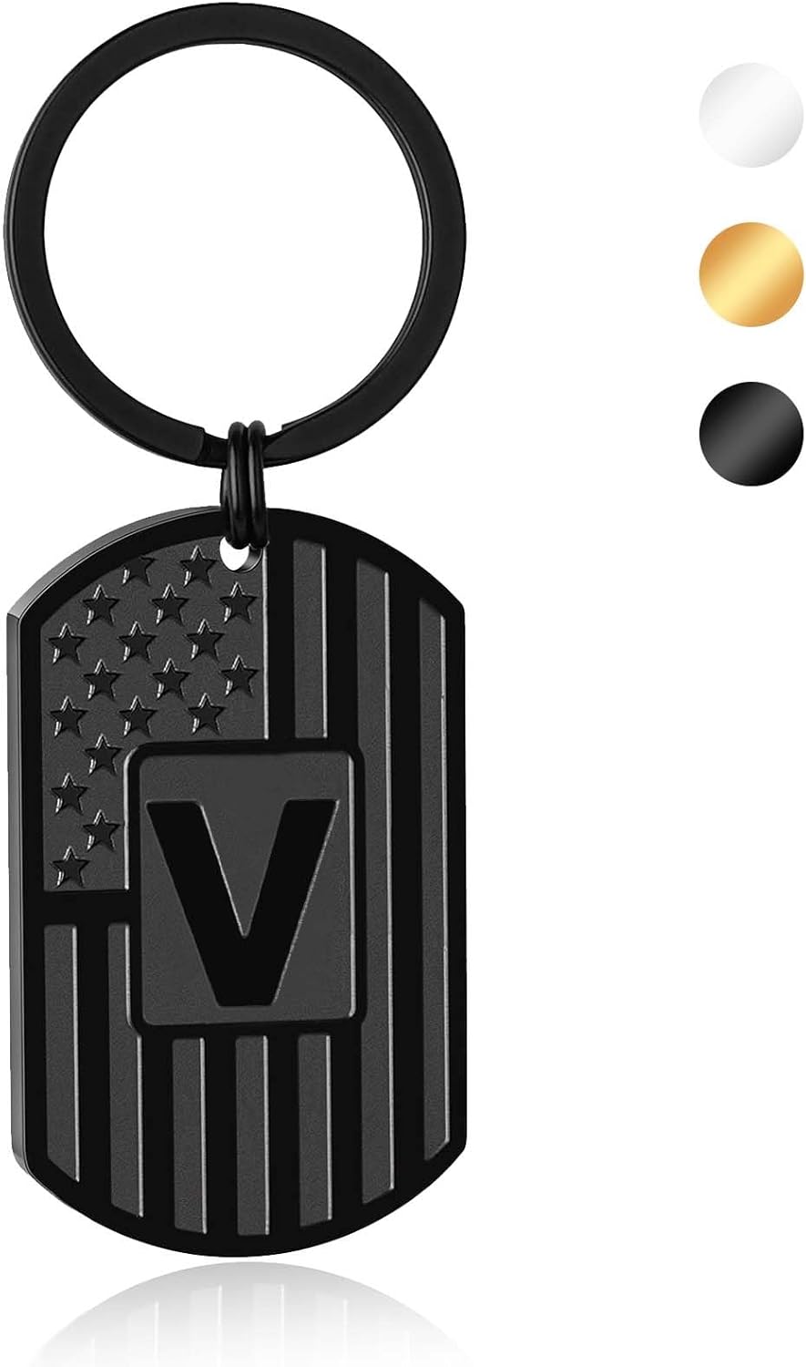 Initial Keychain Gifts for Men,A-Z Letter American Flag Dog Tag Stainless Steel Keychain,Mens Accessories Gift