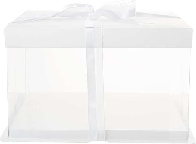 Restaurantware-Sweet Vision 10 Inch x 8.25 Inch Transparent Cake Boxes, 10 Grease Resistant Base Clear Cake Boxes - White Lid, Gray Ribbon, Plastic Birthday Box, For Weddings Or Birthdays