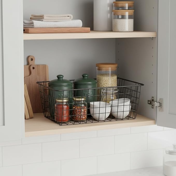 Metal Wire Basket Food Storage Organizer with Wooden Handles for Organizing Kitchen Cabinets, 4 Packs-Black-large