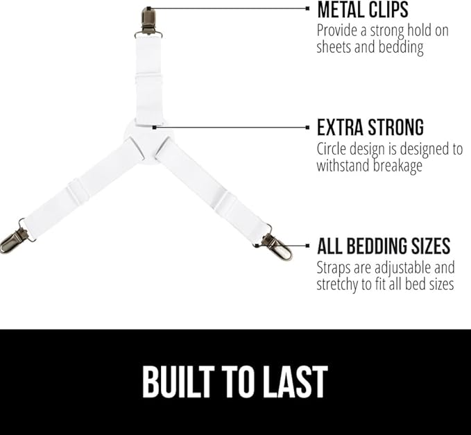 GORILLA GRIP Patent Pending Bed Sheet Holders, Adjustable Elastic Fasteners with Metal Clips, Keep in Place Fitted Bedding Straps, Firm Tight Suspenders for Mattress, US Designed, 8 Pack White
