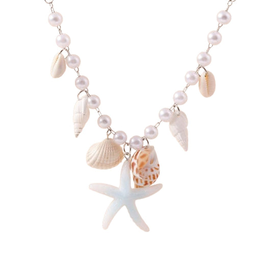 Seashell Necklace Boho Starfish Necklace Vintage Pearl Conch Choker Summer Holiday Beach Accessories Jewelry for Women (White)