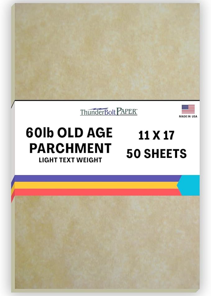 50 Parchment 60# Text (=24# Bond) Paper Sheets - 11" X 17" (11X17 Inches) Tabloid|Ledger|Booklet Size - Vintage Colored Old Parchment Semblance