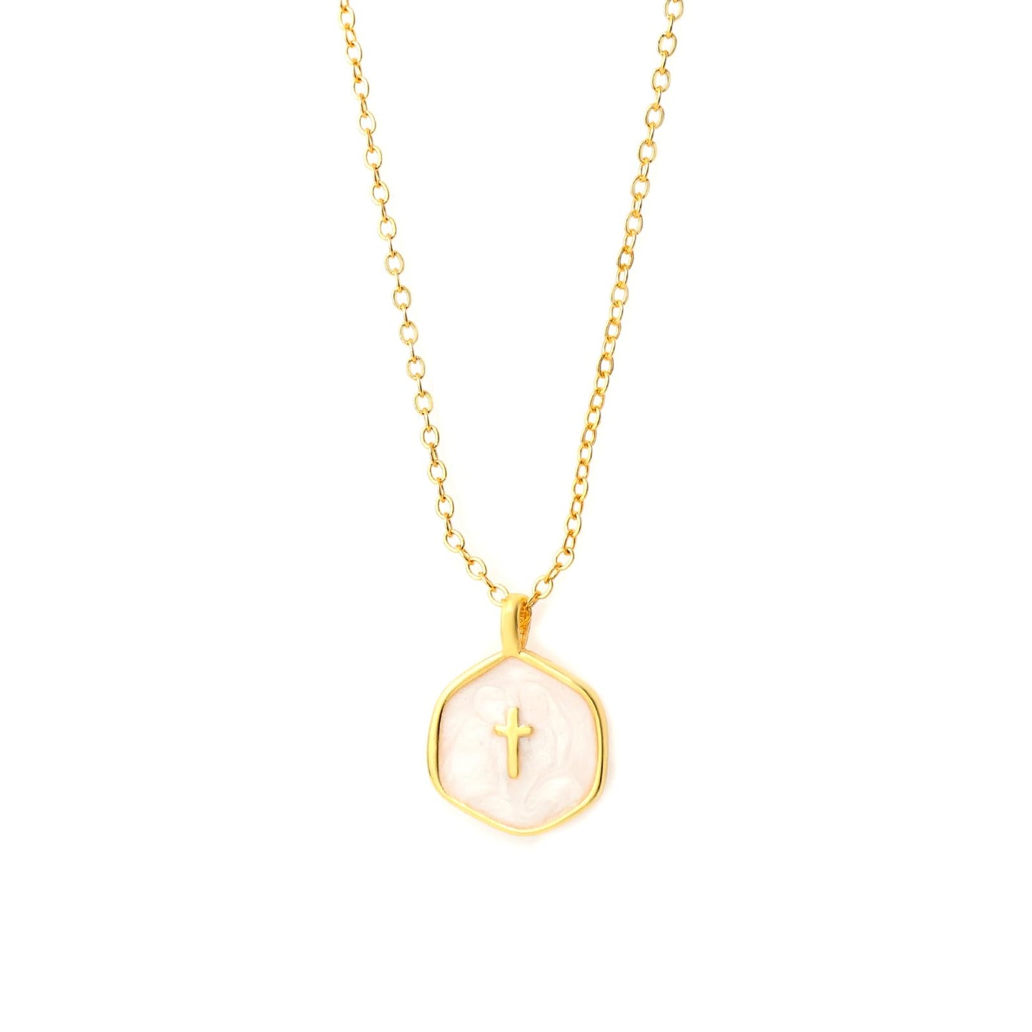 MAIKERDER Cross Necklace for Women, 14K Gold Plated Dainty Small Cross Necklace with Disc Pendant, Cute Simple Gold Cross Charm Necklaces for Women Christian Non Tarnish 16 Inches