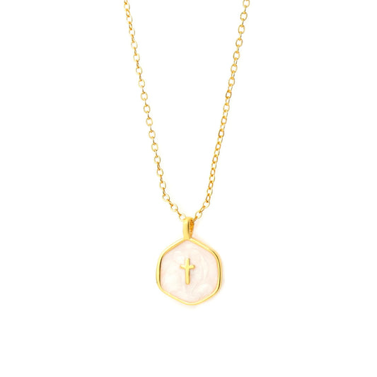MAIKERDER Cross Necklace for Women, 14K Gold Plated Dainty Small Cross Necklace with Disc Pendant, Cute Simple Gold Cross Charm Necklaces for Women Christian Non Tarnish 16 Inches