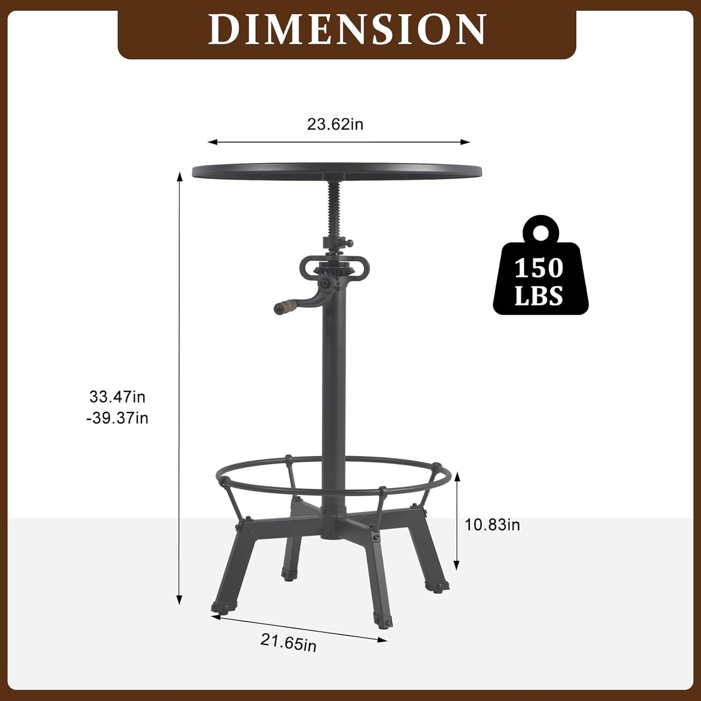 LOKKHAN 33.5"-39.4" Tall Industrial Bar Table-Adjustable Bar Height Pub Table-23.7" Dia Swivel Round Metal Top-Easily Adjusts by Crank Handle, Silver Gray
