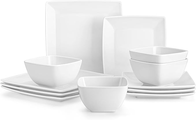 vancasso Soho Dinnerware Sets 12 Pieces, White Stoneware Square Place Setting, Dinner Plate, Dessert Plate, Bowls Service for 4