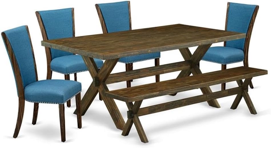 East West Furniture X777VE721-6 6 Piece Dining Set Contains a Rectangle Dining Room Table with X-Legs and 4 Blue Color Linen Fabric Parson Chairs with a Bench, 40x72 Inch, Multi-Color