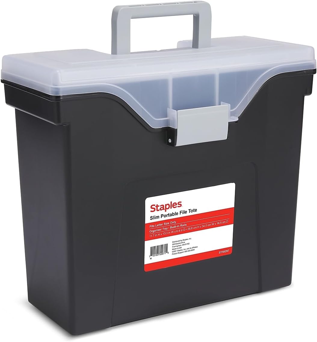 STAPLES Slim Portable File Tote, Letter Size, Black
