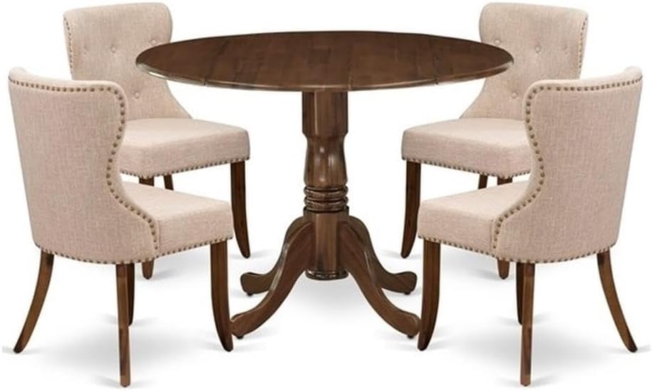 East West Furniture DLSI5-AWA-04 5 Piece Kitchen Table Set for Small Spaces Consist of a Round Wooden Table with Dropleaf and 4 Upholstered Chairs, 42x42 Inch, Antique Walnut