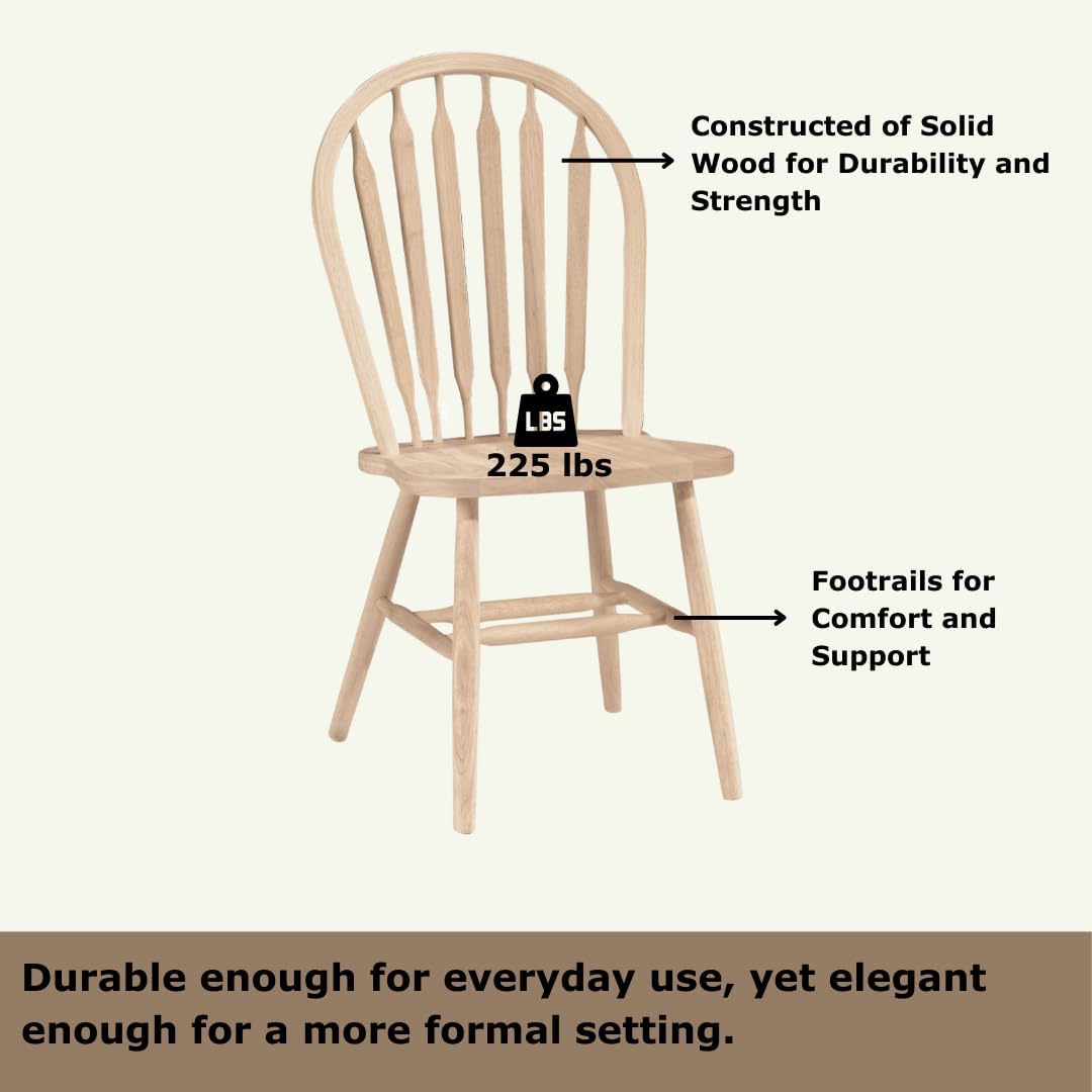 IC International Concepts Windsor ArrowBack Chair-Plain Legs 225lbs wt Capacity, Solid Real Wood, Sturdy Parawood, 19.25"W x 19.75"D x 38.25"H, Unfinished