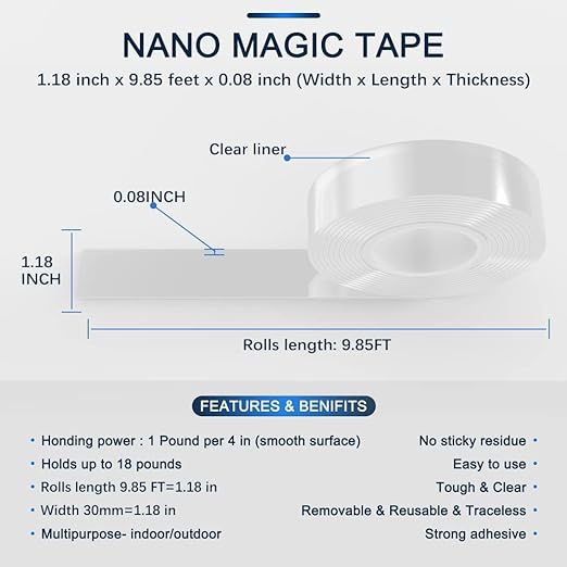 Double-Sided Tape Heavy Duty 9.84 FT x 1.18 in – Clear Removable Mounting Tape for Walls, Carpet, Rugs, Posters – Reusable, No-Residue, Indoor/Outdoor Nano Gel Grip