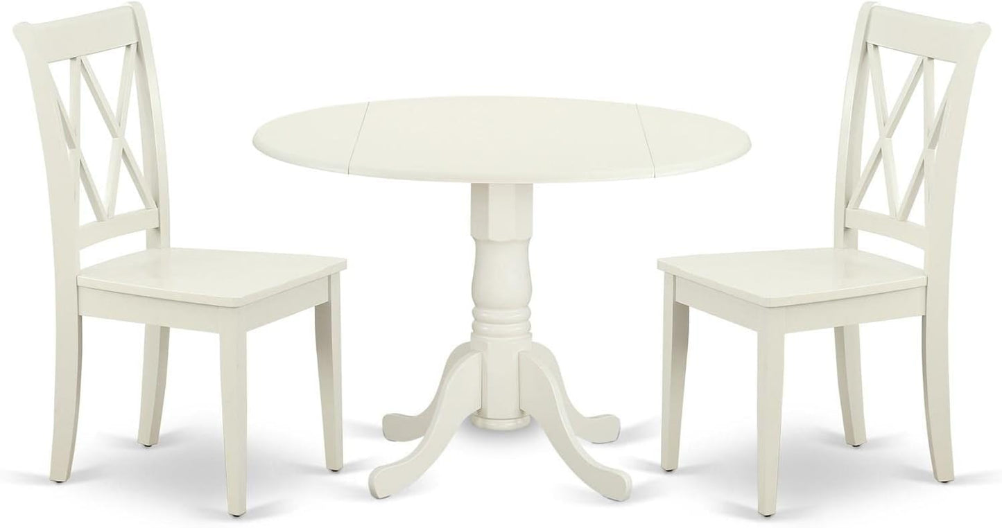 East West Furniture DLCL3-LWH-W 3 Piece Dining Room Table Set Contains a Round Dining Table with Dropleaf and 2 Wood Seat Chairs, 42x42 Inch, Linen White