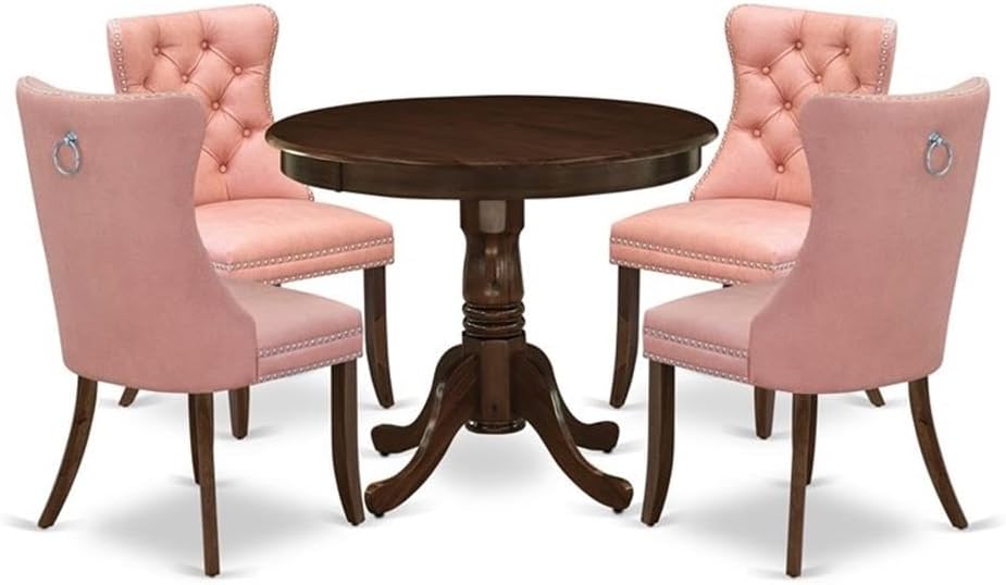 East West Furniture ANDA5-AWA-23 5 Piece Dinette Set Consists of a Round Dining Table with Pedestal and 4 Polyester Fabric Parson Kitchen Chairs, 36x36 Inch, Antique Walnut