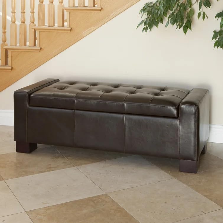 Ball & Cast 50.8" Upholstered PU Storage Ottoman with Tufted Waffle Stitch,End Bench w/Uses Pressure Hinges and Wood Legs,Entryway Footrest Stool for Living Room & Bedroom,Brown