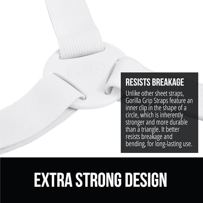 GORILLA GRIP Patent Pending Bed Sheet Holders, Adjustable Elastic Fasteners with Metal Clips, Keep in Place Fitted Bedding Straps, Firm Tight Suspenders for Mattress, US Designed, 8 Pack White