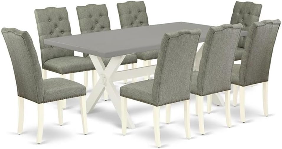 East West Furniture X097EL207-9 9 Piece Dining Set Includes a Rectangle Dining Room Table with X-Legs and 8 Gray Linen Fabric Upholstered Parson Chairs, 40x72 Inch, Multi-Color